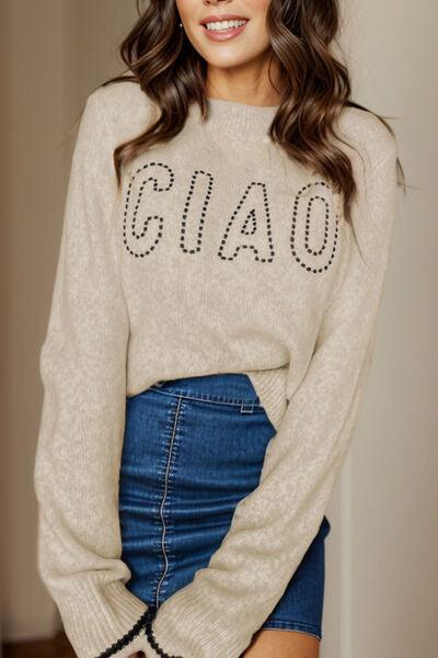 CIAO Round Neck Dropped Shoulder Sweater Sweaters Trendsi Tan S