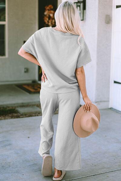 Texture Short Sleeve Top and Pant Set Pant Set Trend
