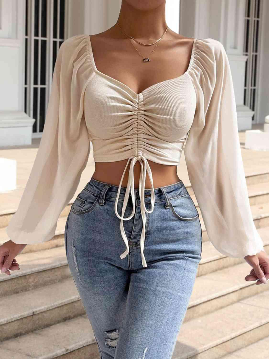 Drawstring Sweetheart Neck Crop Top Blouses Trendsi Sand S