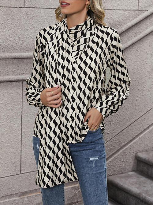 Printed Statement Neck Buttoned Blouse Blouses Trendsi