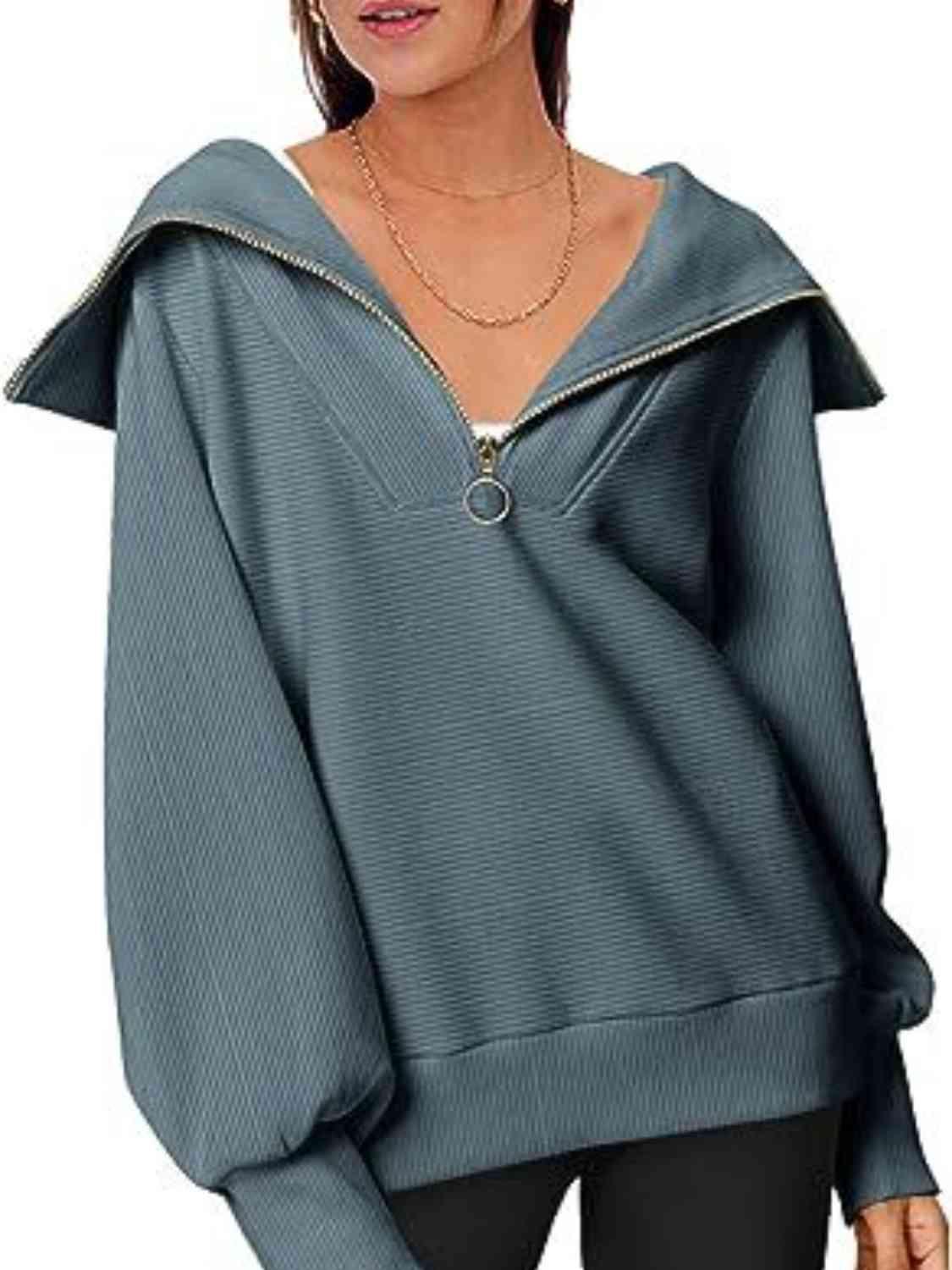 Half-Zip Lantern Sleeve Top Sweatshirts Trendsi