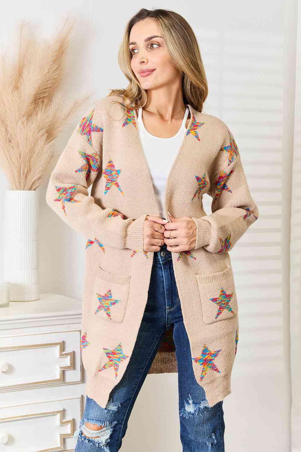 Star Pattern Open Front Longline Cardigan Cardigans Trend Mocha S