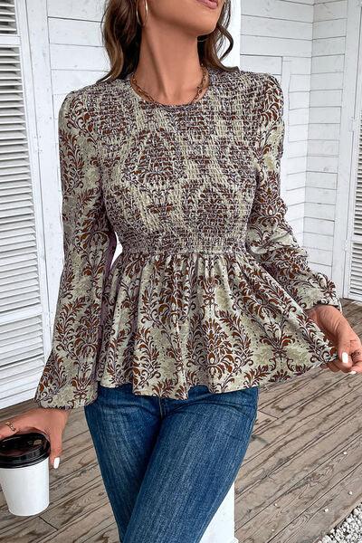 Smocked Printed Balloon Sleeve Blouse Blouses Trendsi
