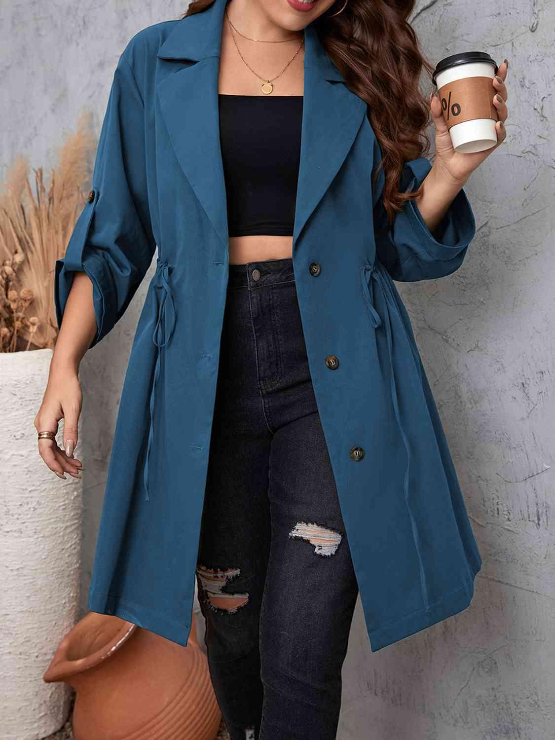 Plus Size Lapel Collar Drawstring Roll-Tab Sleeve Trench Coat Jackets Trendsi