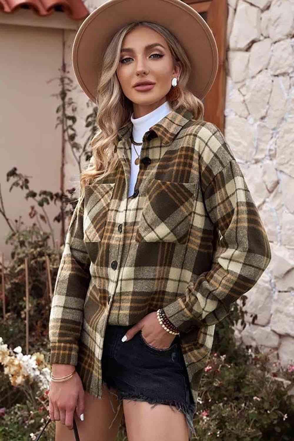 Plaid Collared Neck Button Up Jacket Jackets Trendsi