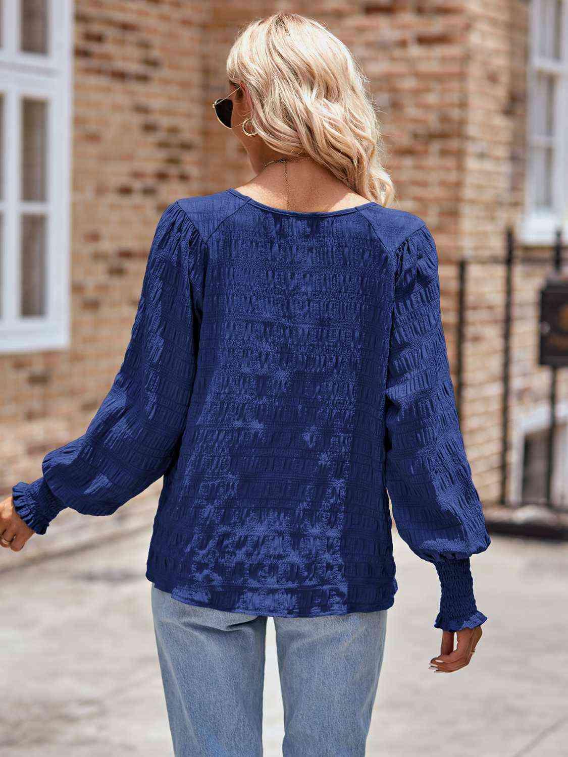 Round Neck Lantern Sleeve Blouse Blouses Trendsi
