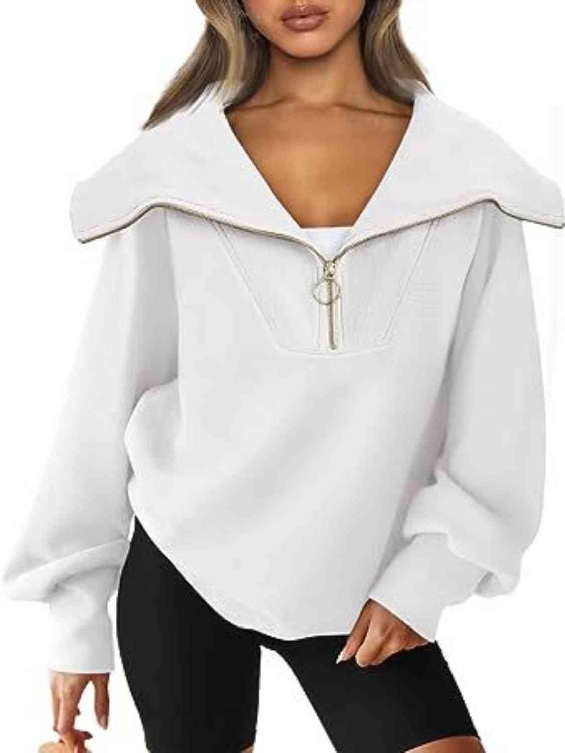 Half-Zip Lantern Sleeve Top Sweatshirts Trendsi White S
