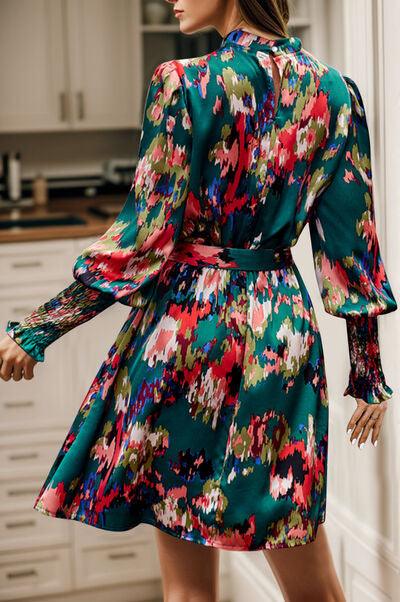 Printed Tied Lantern Sleeve Mini Dress Dresses Trendsi