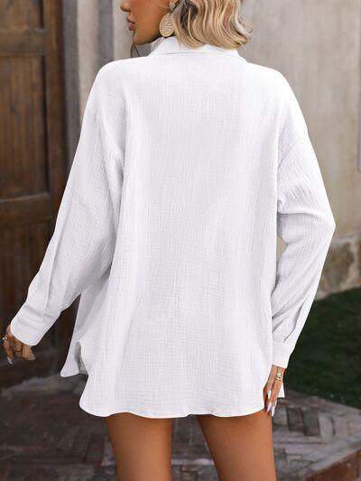 Textured Button Up Boyfriend Shirt Tops Trendsi
