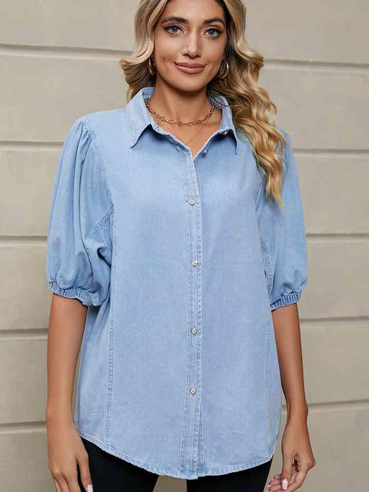 Puff Sleeve Denim Shirt Tops Trendsi