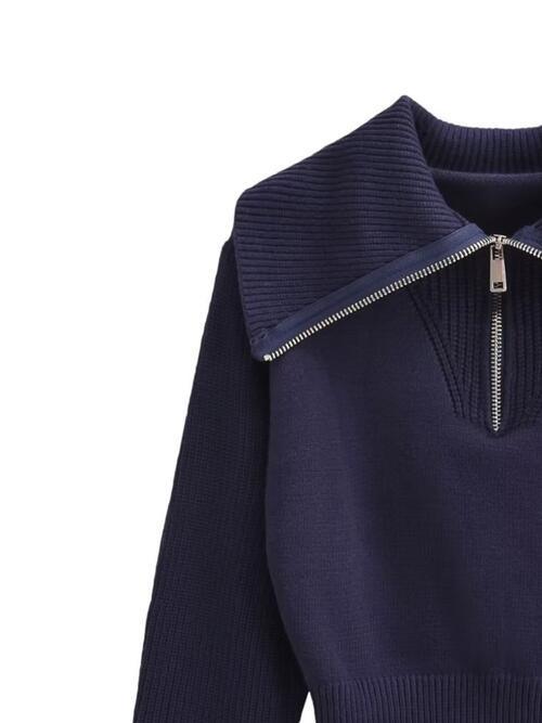 Half Zip Ribbed Collared Neck Knit Top Sweaters Trendsi