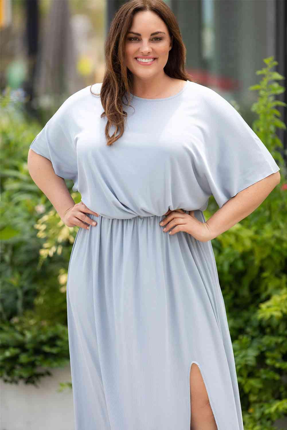 Plus Size Round Neck Split Flutter Sleeve Maxi Dress Dresses Trendsi