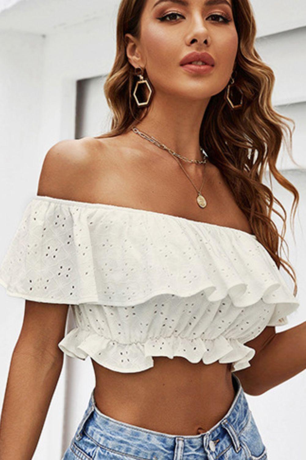 Eyelet Ruffle Off-Shoulder Crop Blouse Blouses White