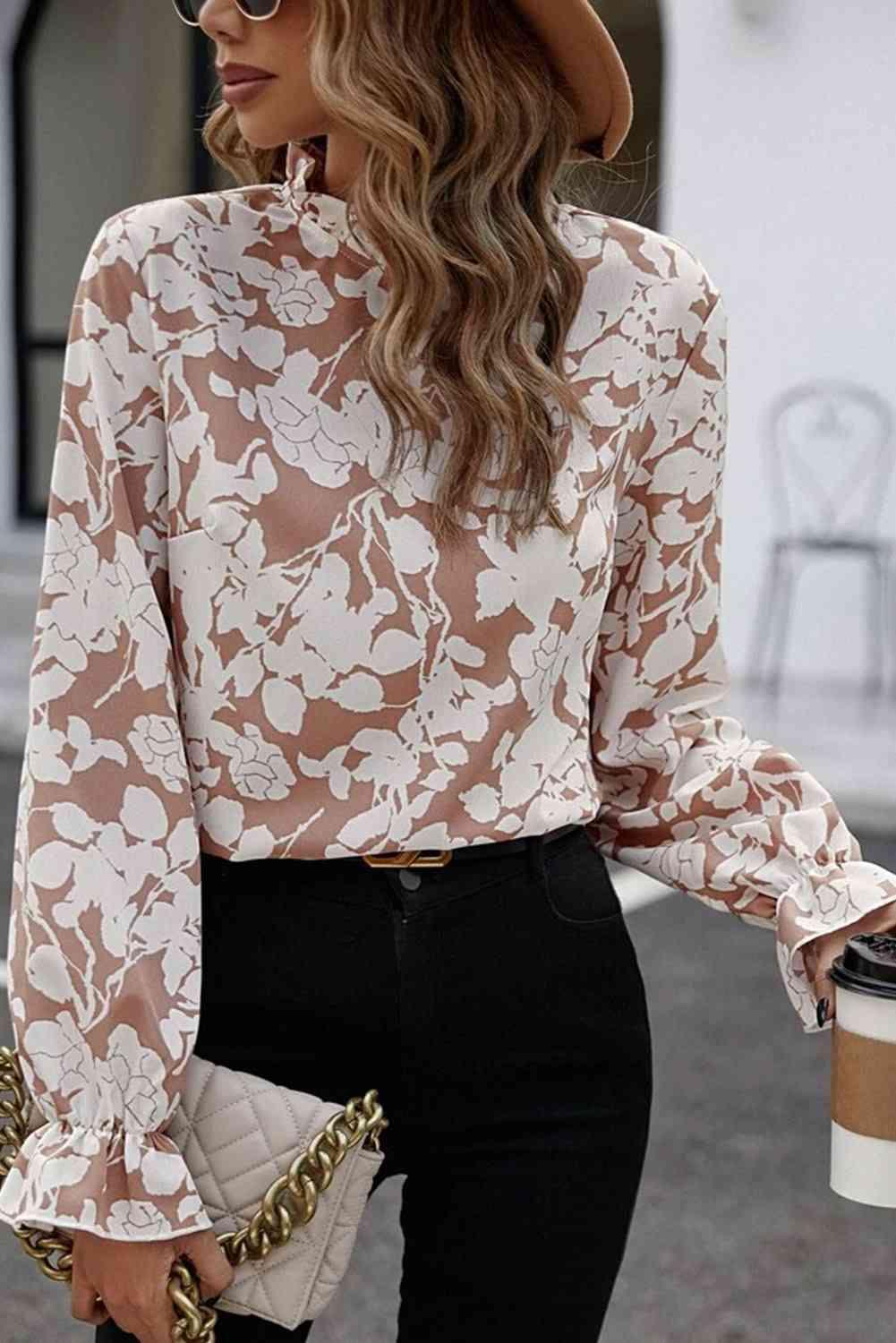 Floral Print Mock Neck Flounce Sleeve Blouse Blouses Trendsi