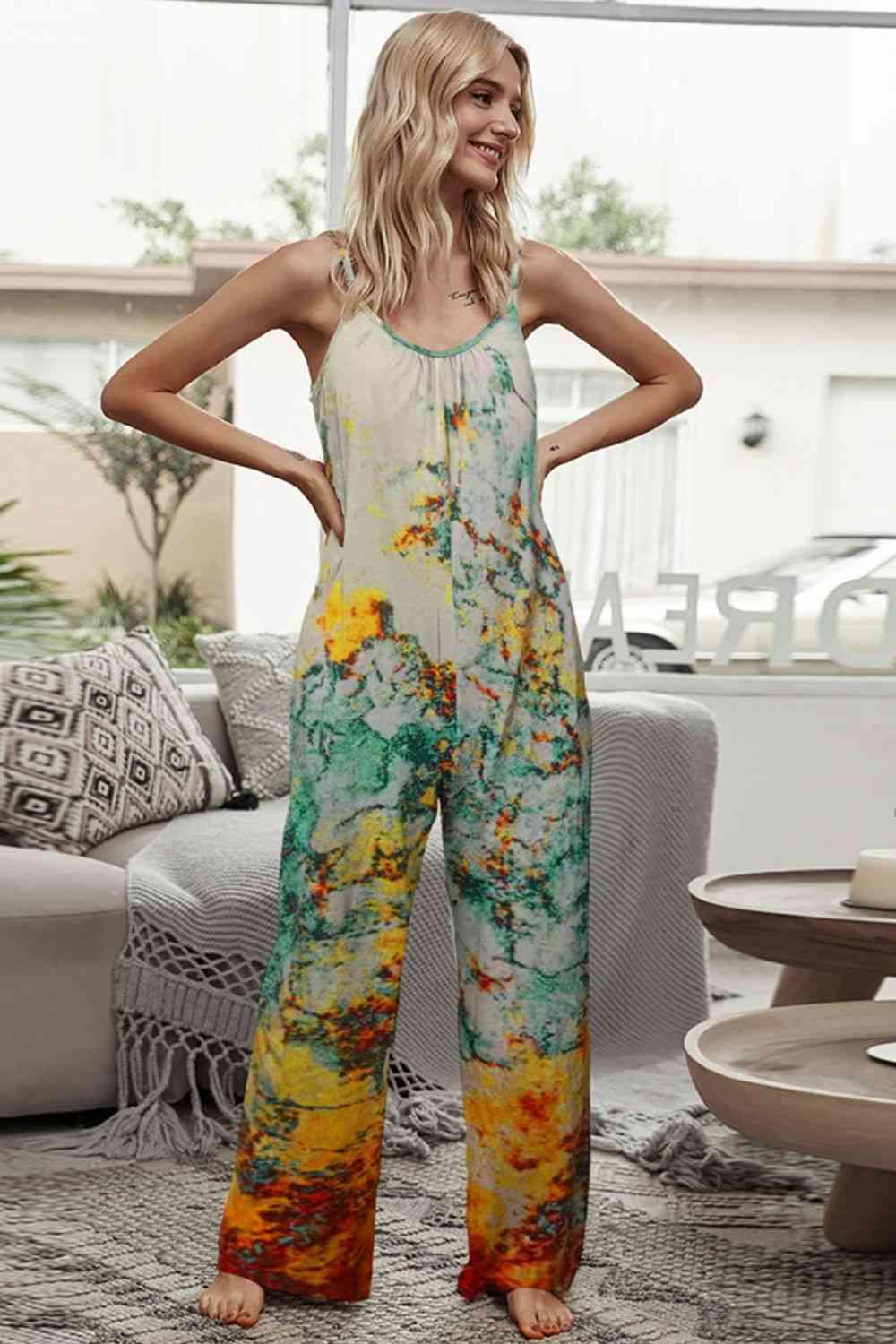 Tie-Dye Spaghetti Strap Jumpsuit with Pockets Jumpsuits and Rompers Trendsi
