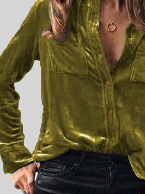 Button Up Collared Shirt with Breast Pockets Blouses Trend
