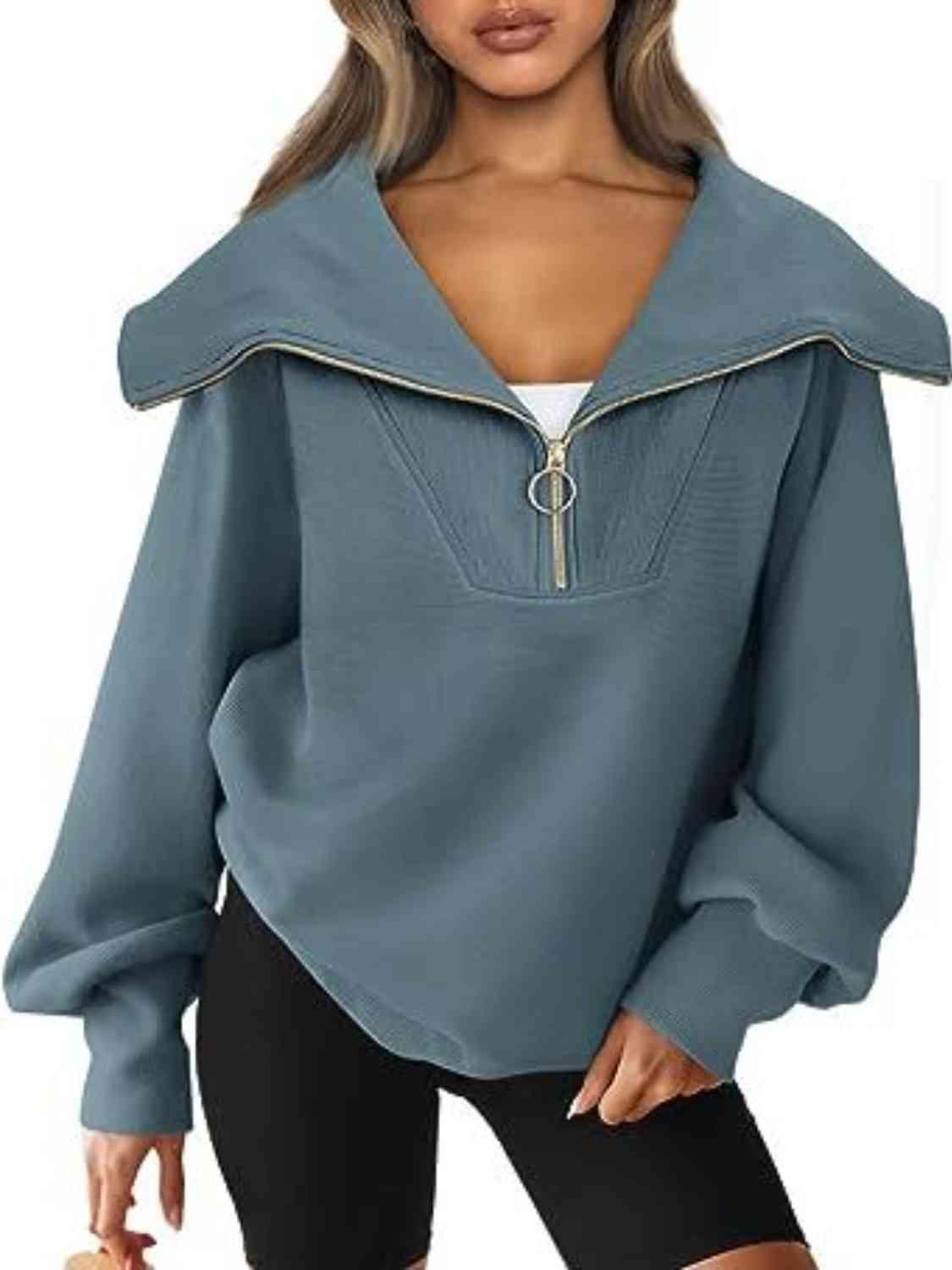 Half-Zip Lantern Sleeve Top Sweatshirts Trendsi Dusty  Blue S