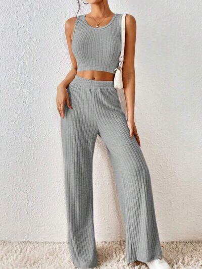 Ribbed Round Neck Tank and Pants Sweater Set Pant Set Trends Heather Gray S