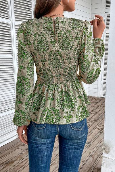 Smocked Printed Balloon Sleeve Blouse Blouses Trendsi