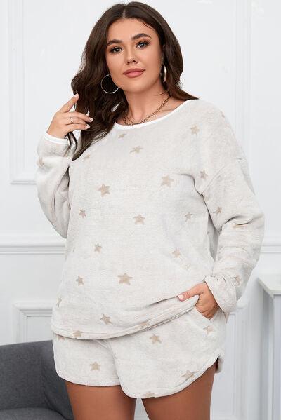 Plus Size Star Dropped Shoulder Top and Short Lounge Set Loungewear Trendsi