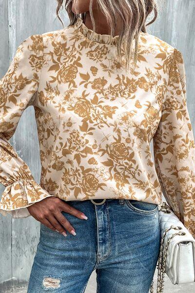Floral Print Mock Neck Flounce Sleeve Blouse Blouses Trendsi Honey S