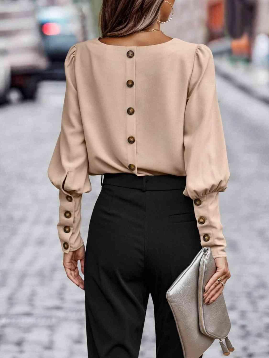 Round Neck Lantern Sleeve Blouse Blouses Trends