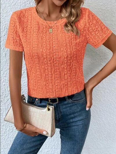 Eyelet Round Neck Short Sleeve T-Shirt T-Shirts Trendsi