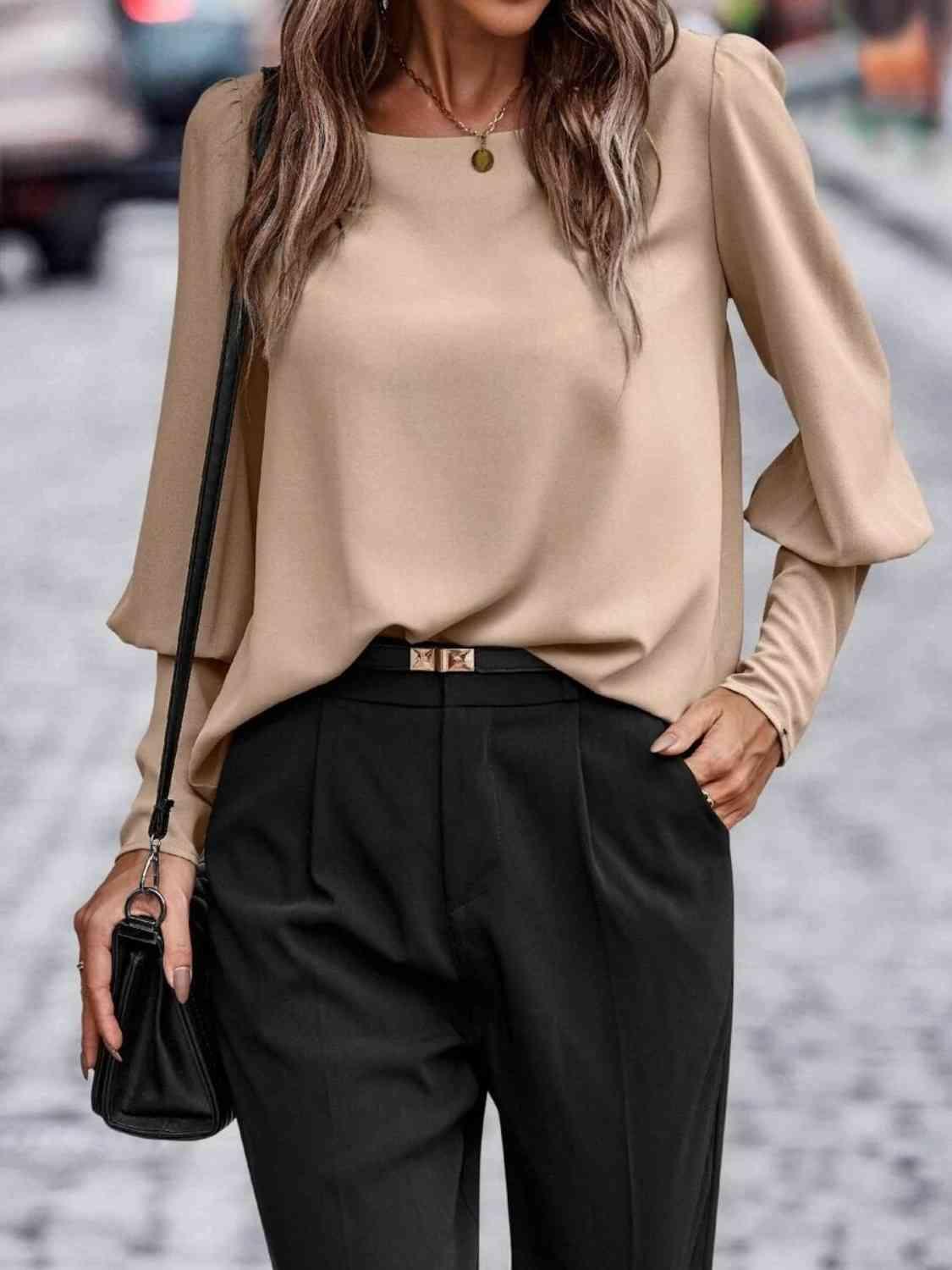 Round Neck Lantern Sleeve Blouse Blouses Trends Camel S