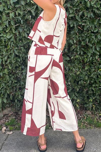 Printed Round Neck Tank and Pocketed Pants Set Pant Set Trendsi