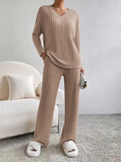 Ribbed V-Neck Long Sleeve Top and Pants Set Pant Set Trendsi Mocha XS