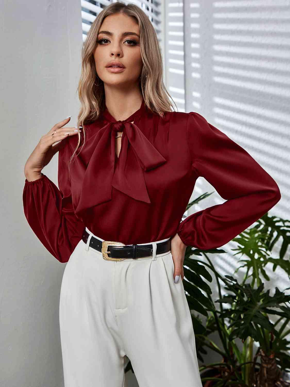 Tie Neck Long Puff Sleeve Blouse Blouses Trends
