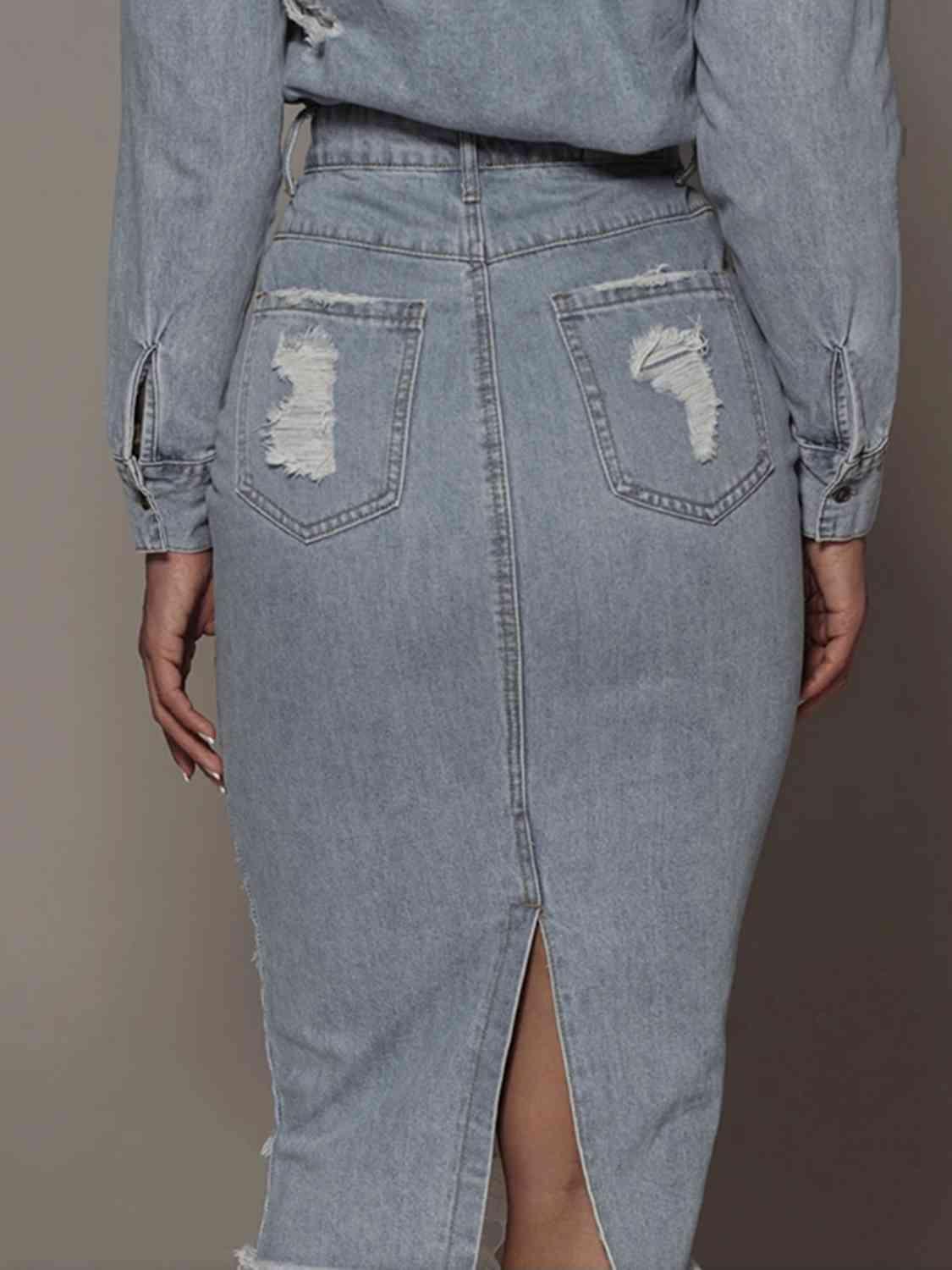 Distressed Slit Denim Skirt Skirts Trendsi