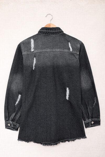 Distressed Button Up Raw Hem Denim Jacket Jackets Trendsi