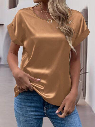 Round Neck Shiny T-Shirt Blouses Trendsi Caramel S