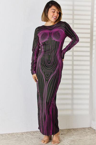 Cutout Round Neck Long Sleeve Maxi Dress Dresses Trendsi Fuchsia S