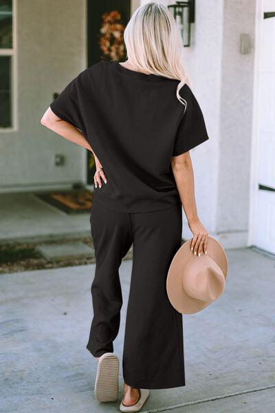 Texture Short Sleeve Top and Pant Set Pant Set Trend