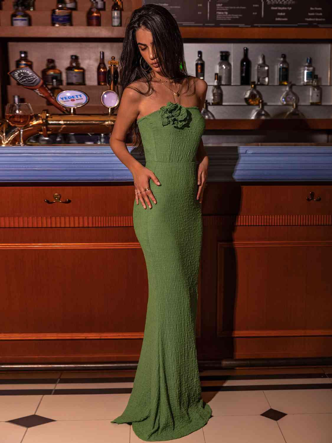 Flower Detail Strapless Slit Dress Dresses Trend