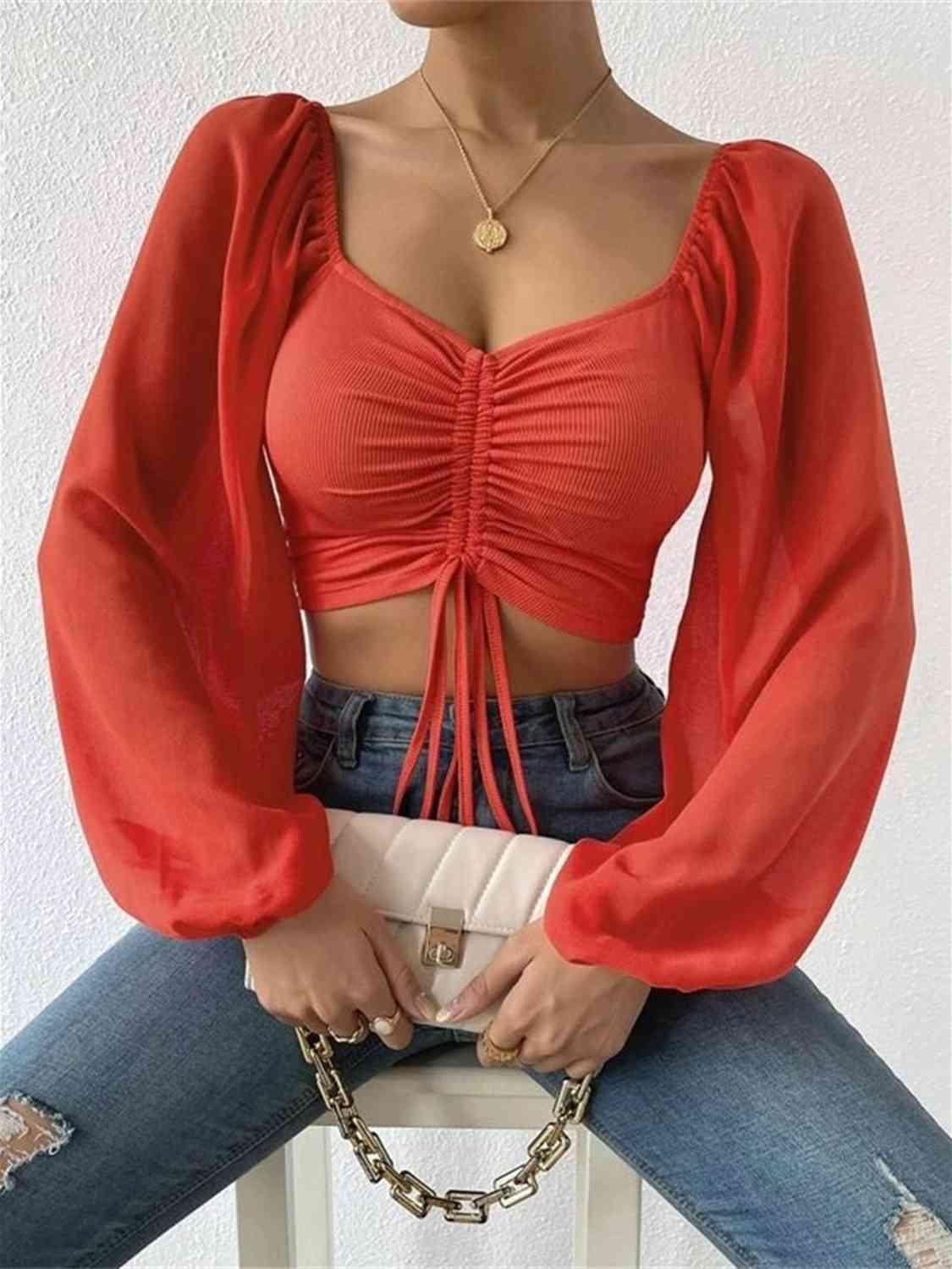 Drawstring Sweetheart Neck Crop Top Blouses Trendsi Red Orange S