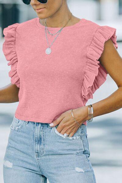 Ruffled Round Neck Cap Sleeve Blouse Blouses Trendsi