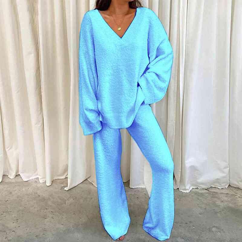 V-Neck Long Sleeve Top and Long Pants Set Pant Set Trends Pastel Blue S