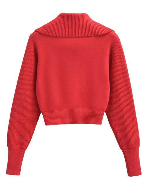 Half Zip Ribbed Collared Neck Knit Top Sweaters Trendsi