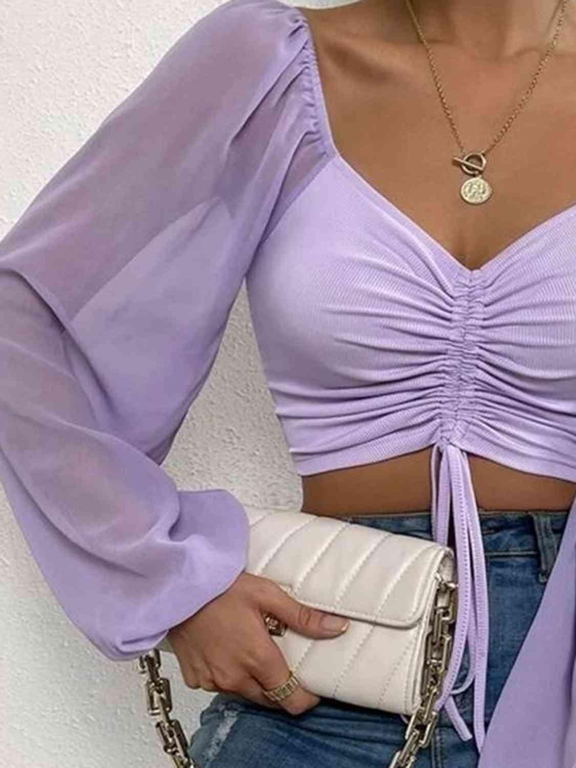 Drawstring Sweetheart Neck Crop Top Blouses Trendsi