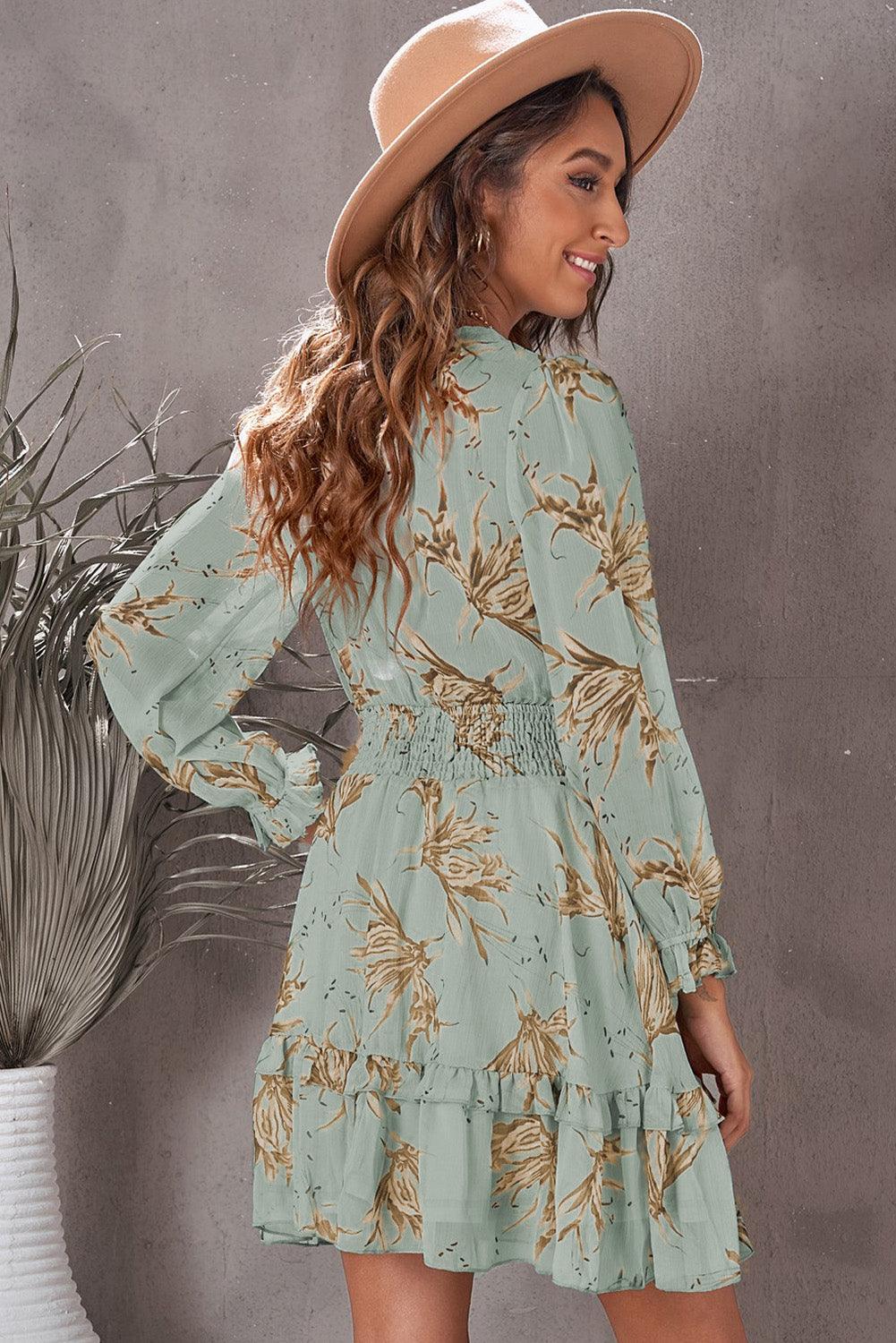 Floral Deep V Flounce Sleeve Mini Dress Dresses White