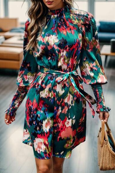 Printed Tied Lantern Sleeve Mini Dress Dresses Trendsi Deep Teal S