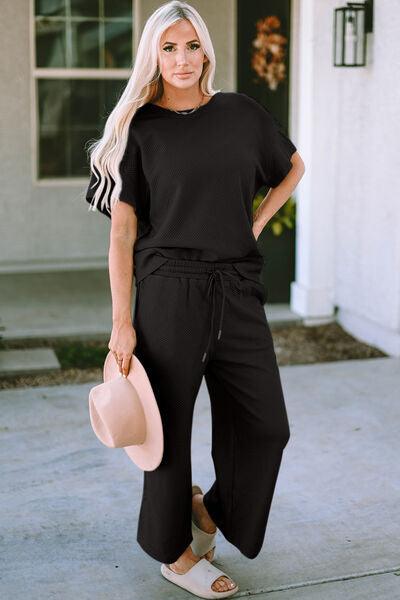 Texture Short Sleeve Top and Pant Set Pant Set Trend Black S