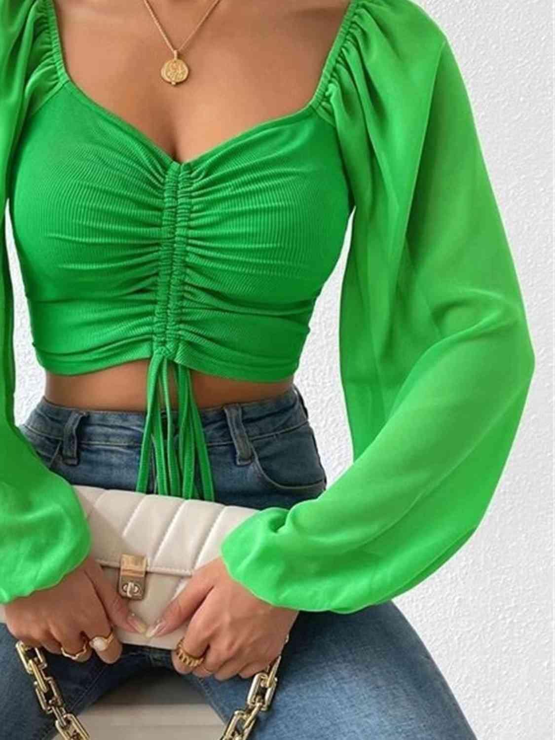 Drawstring Sweetheart Neck Crop Top Blouses Trendsi