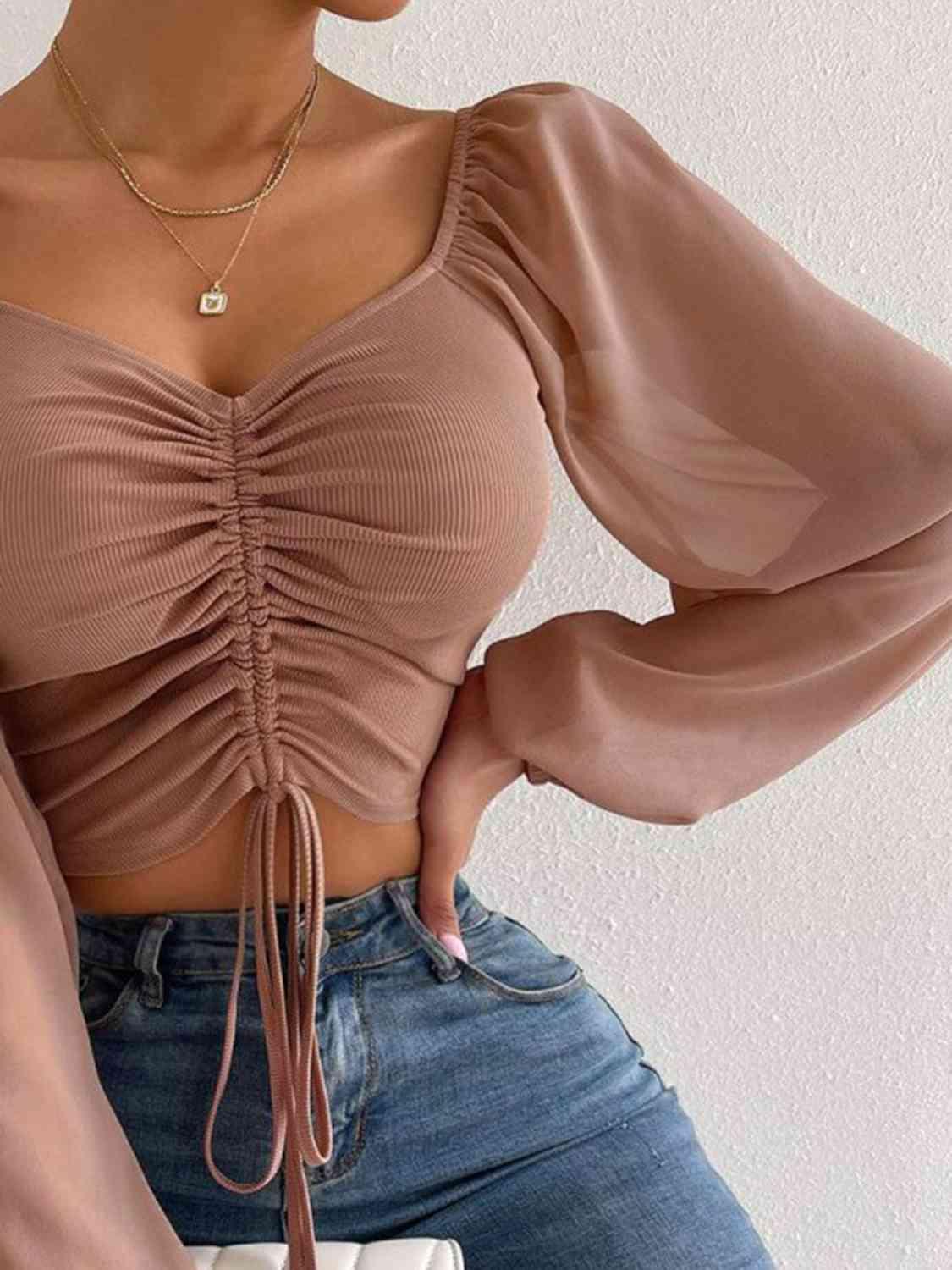 Drawstring Sweetheart Neck Crop Top Blouses Trendsi