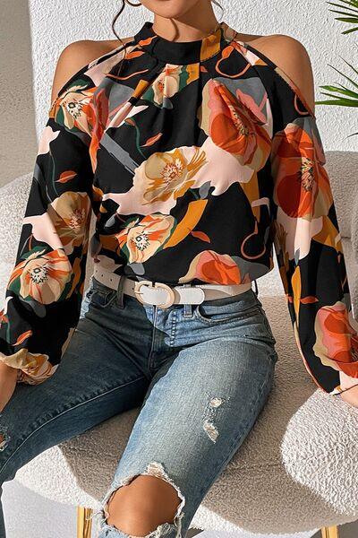 Floral Cold Shoulder Balloon Sleeve Blouse Blouses Trends