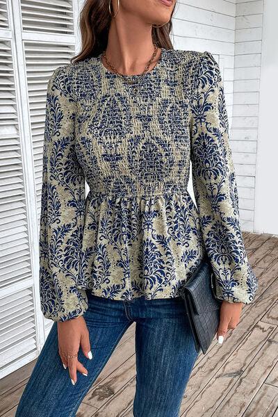 Smocked Printed Balloon Sleeve Blouse Blouses Trendsi Navy S