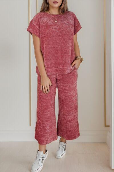 Short Sleeve Top and Pants Set Pant Set Trends Light Mauve S